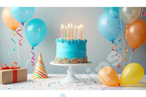 Colorful Birthday Celebration with Cake, Balloons, and Gift