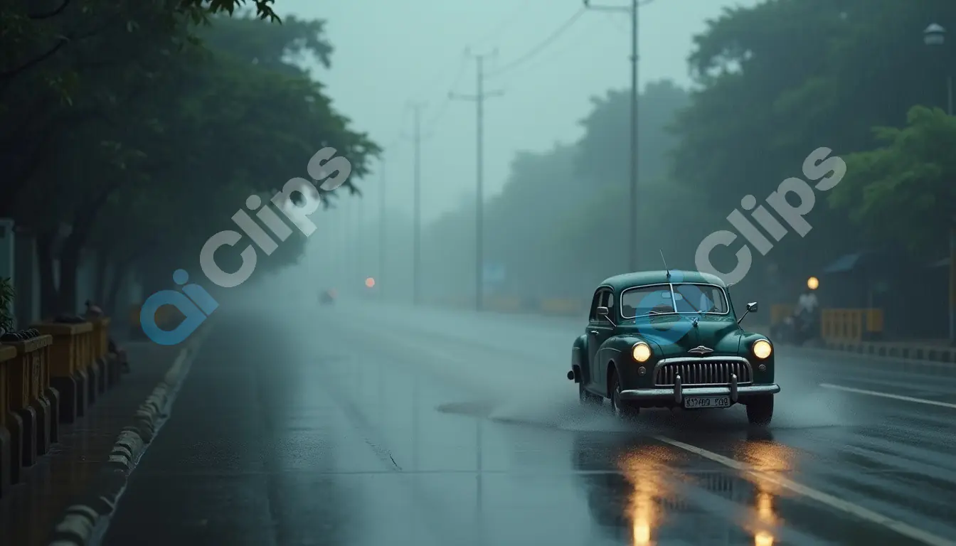 Vintage Car Driving on Rainy Street at Dawn