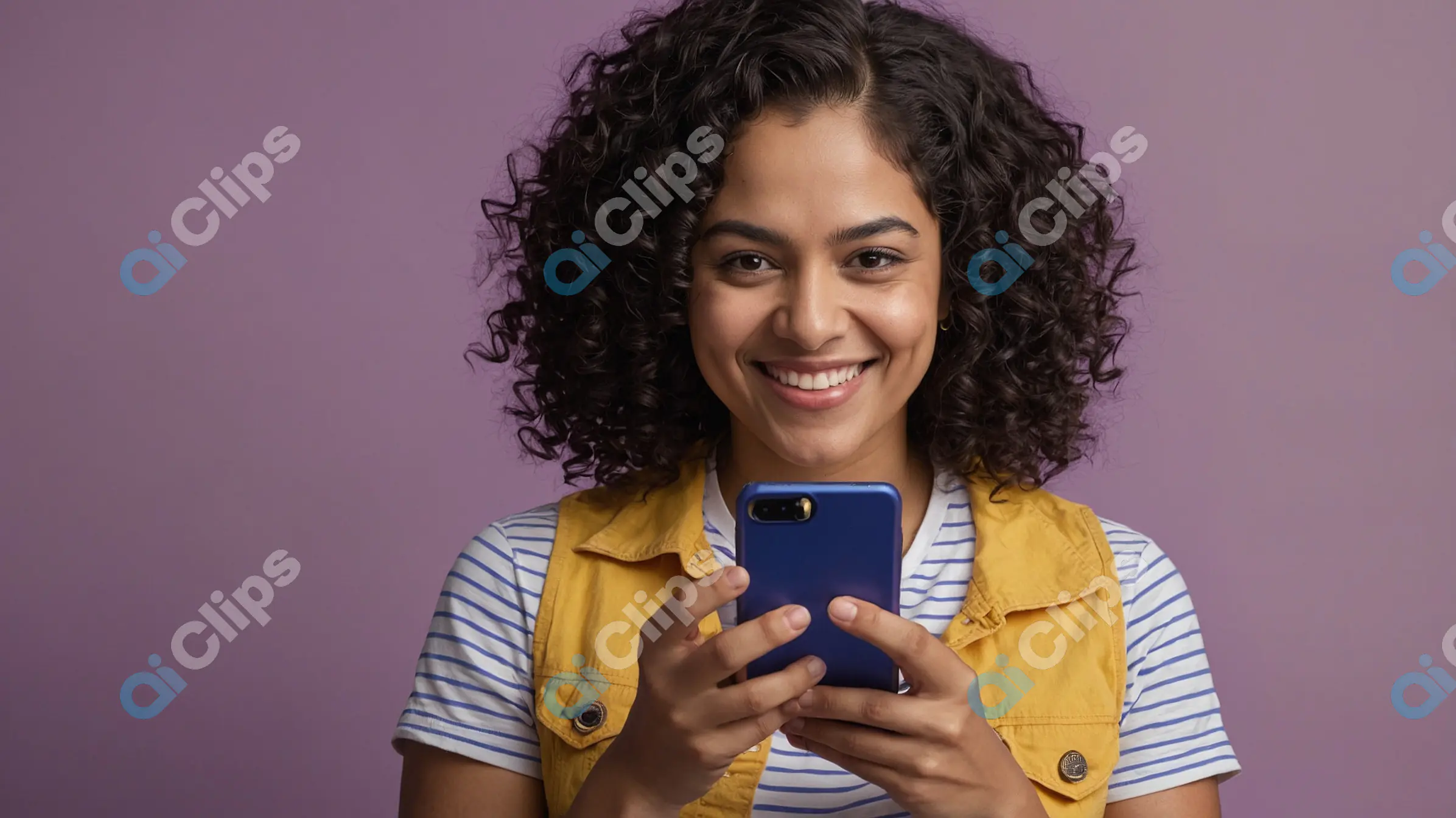 Smiling Woman Using Smartphone Against Purple Background