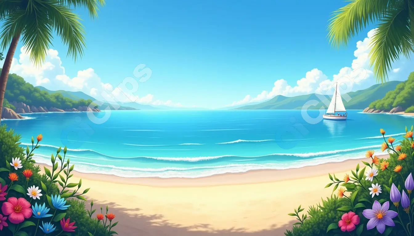 Idyllic Tropical Beach with Sailboat and Lush Foliage