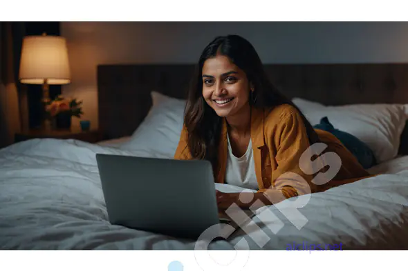 Indian Woman Smiling While Using Laptop in Bed - Cozy Nighttime Setting