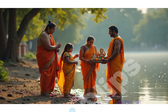 Indian Family Performing Ganesh Visarjan Ritual - Traditional Riverbank Ceremony