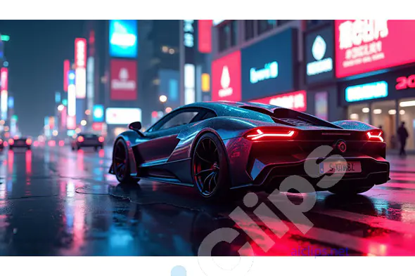 Futuristic Supercar on Neon-Illuminated Wet Streets