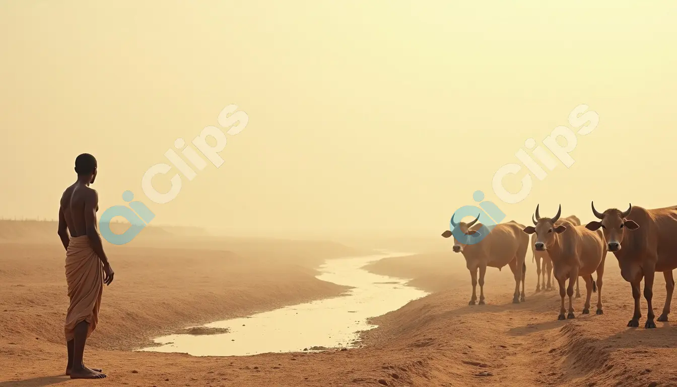 Rural Man with Cows in a Serene Desert Landscape