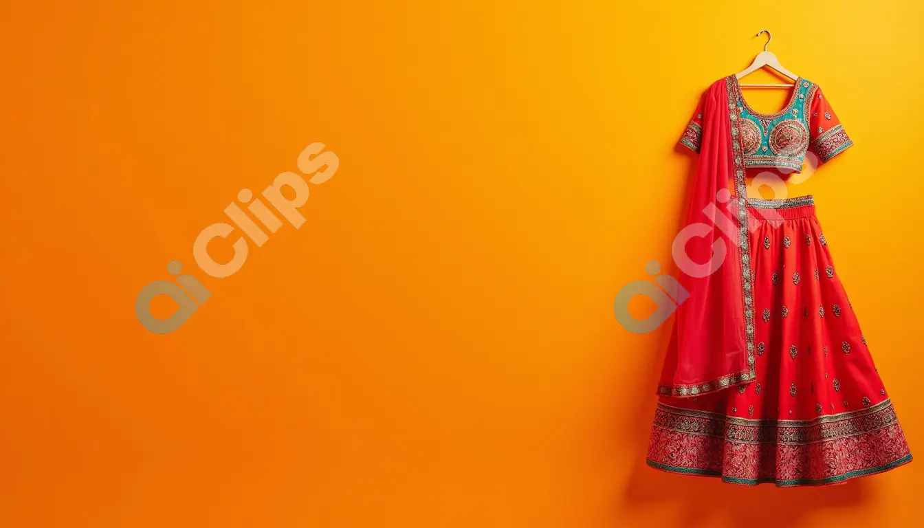 Traditional Indian Lehenga Choli on Vibrant Orange Background