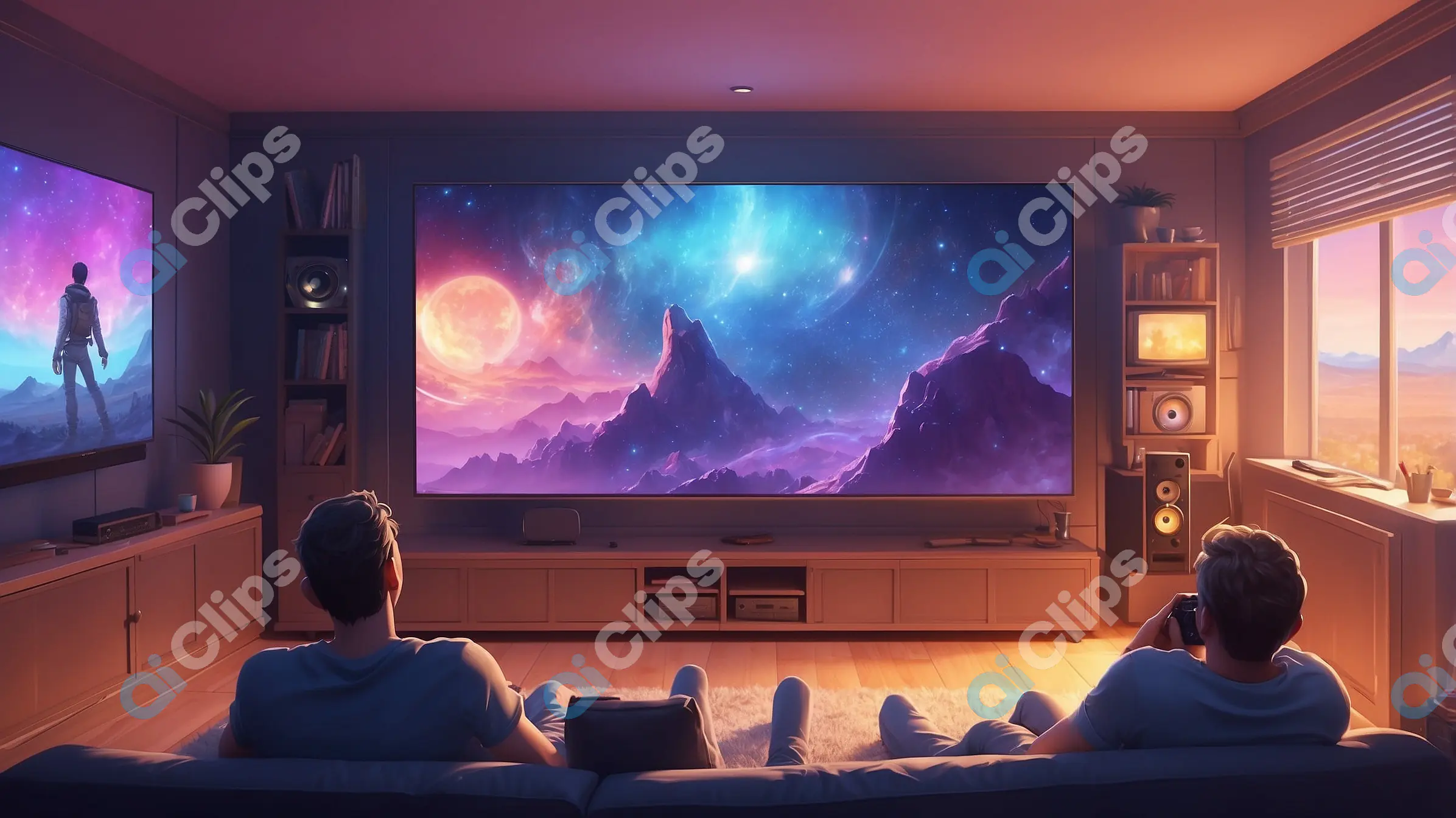 Cosmic Movie Night - Futuristic Home Theater with Giant Screen