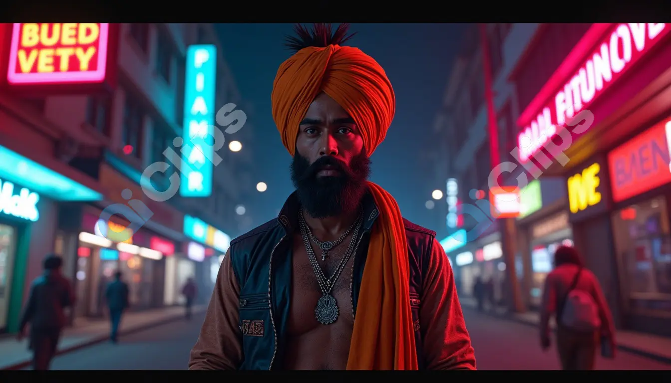Sikh Man in Neon-Lit Urban Street at Night