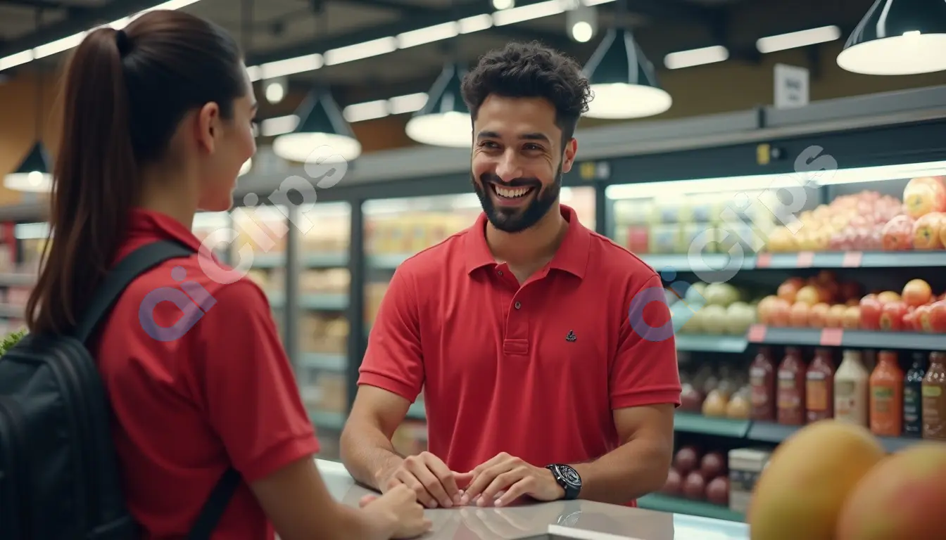 Friendly Interaction at Grocery Store Checkout