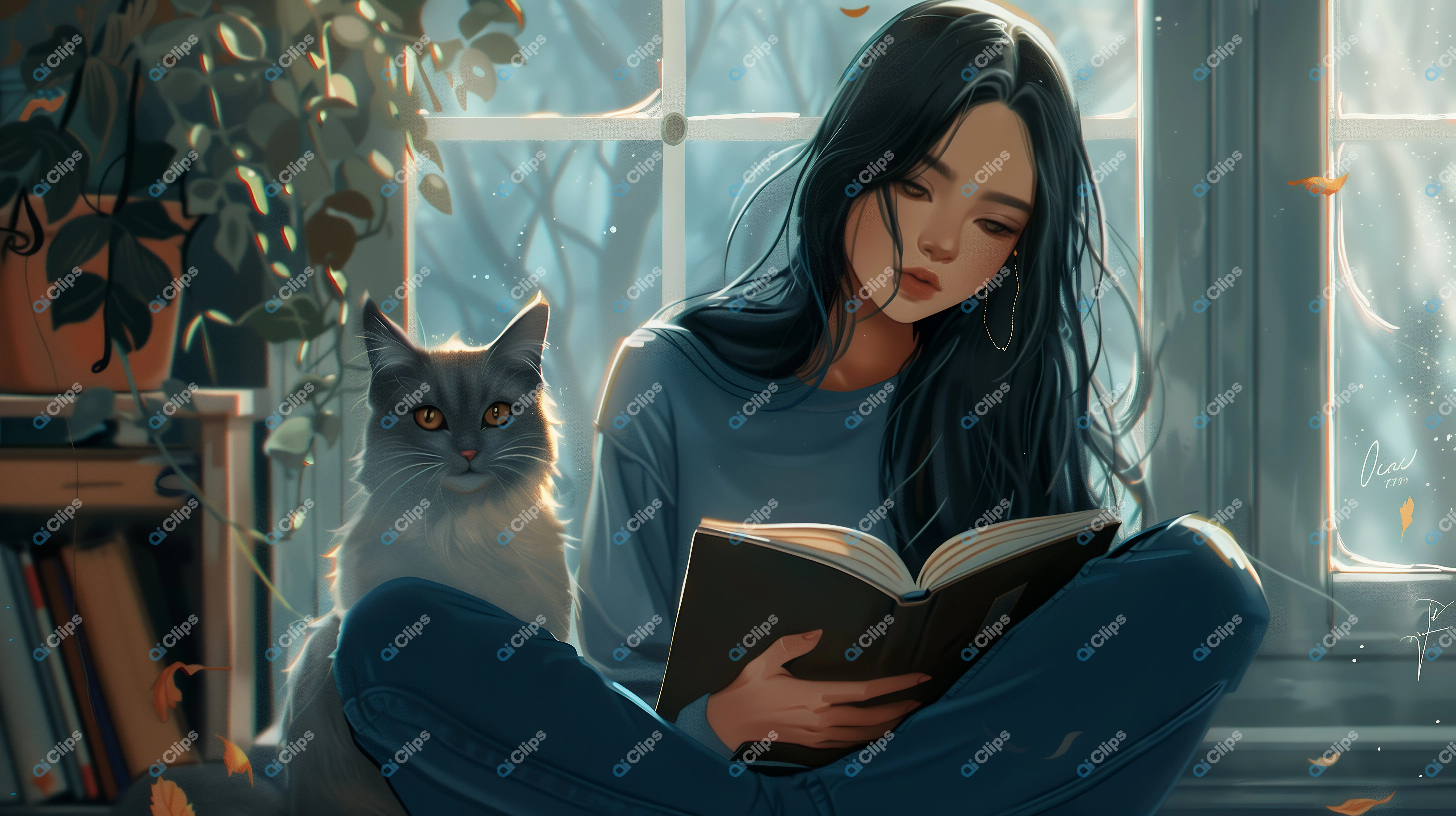 Girl Reading with Cat
