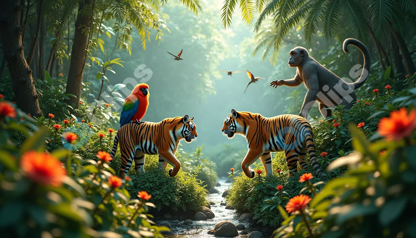 Jungle Harmony: Tigers, Monkeys, and Parrots in a Lush Forest
