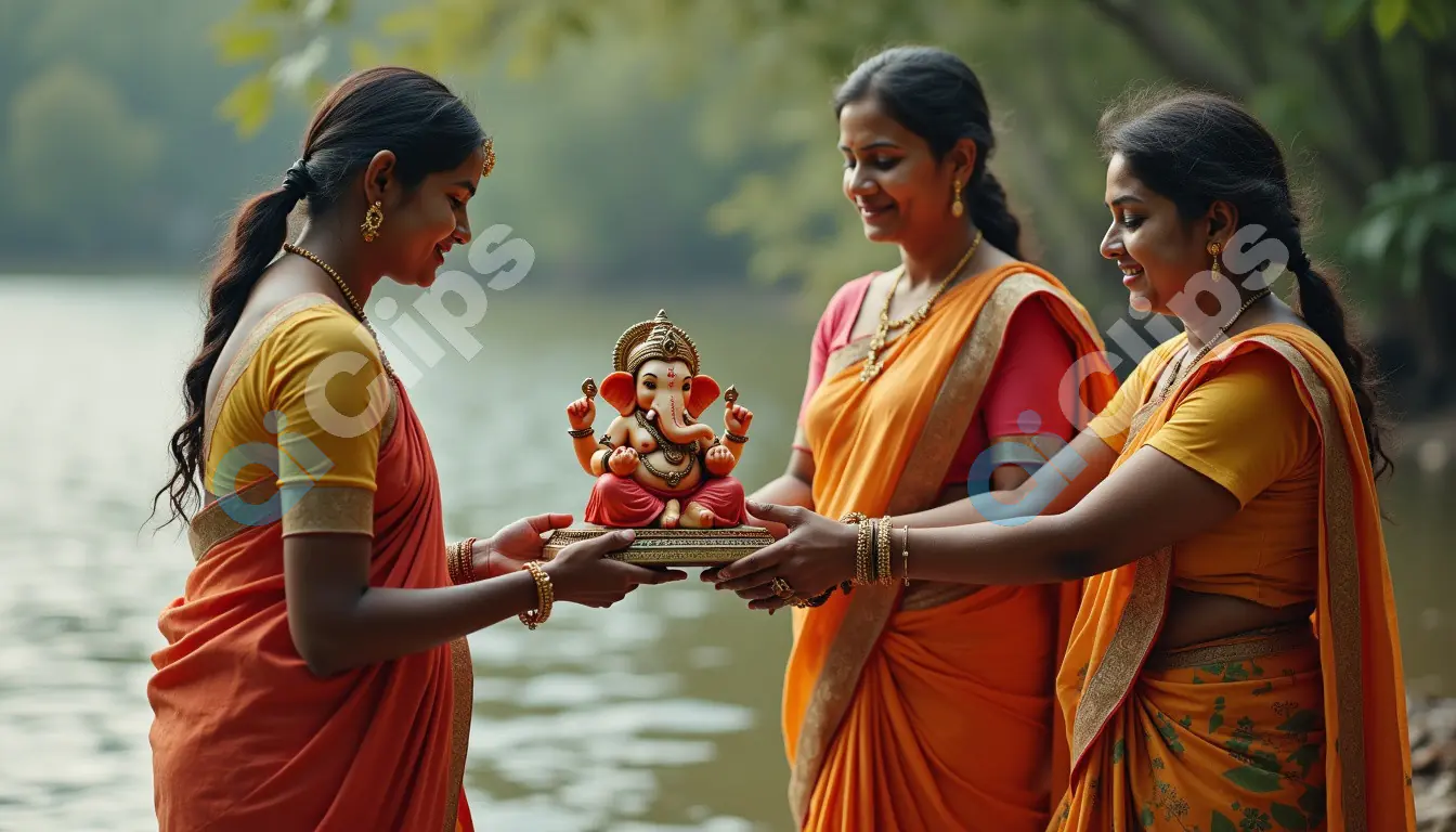 Women Performing Ganesh Visarjan - Traditional Hindu Ritual at Riverbank