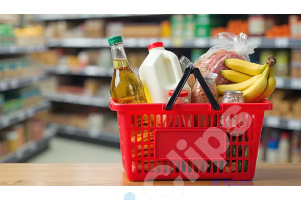Grocery Basket with Food Staples in a Supermarket Aisle