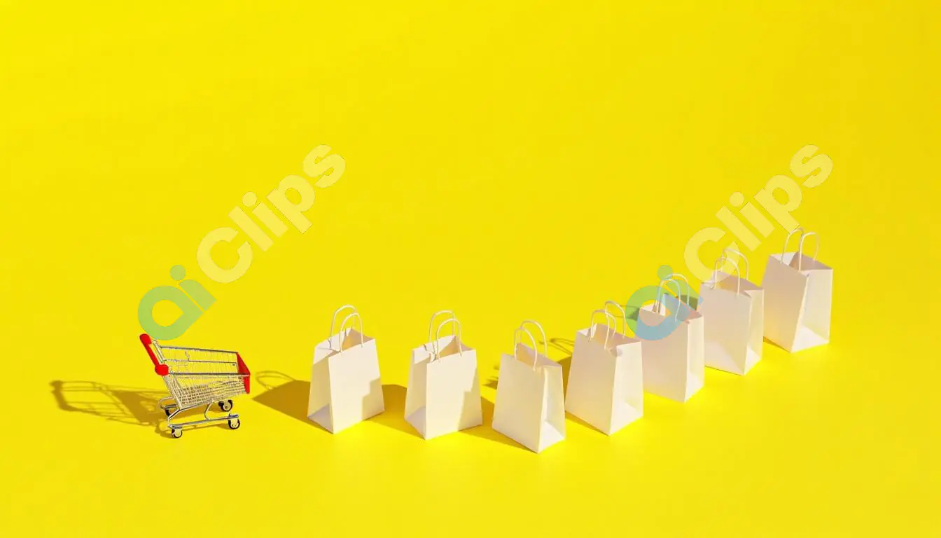 Minimalist Shopping Cart and Bags on Yellow Background