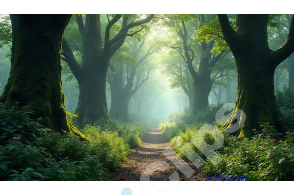 Sunlit Forest Path with Majestic Trees and Lush Foliage