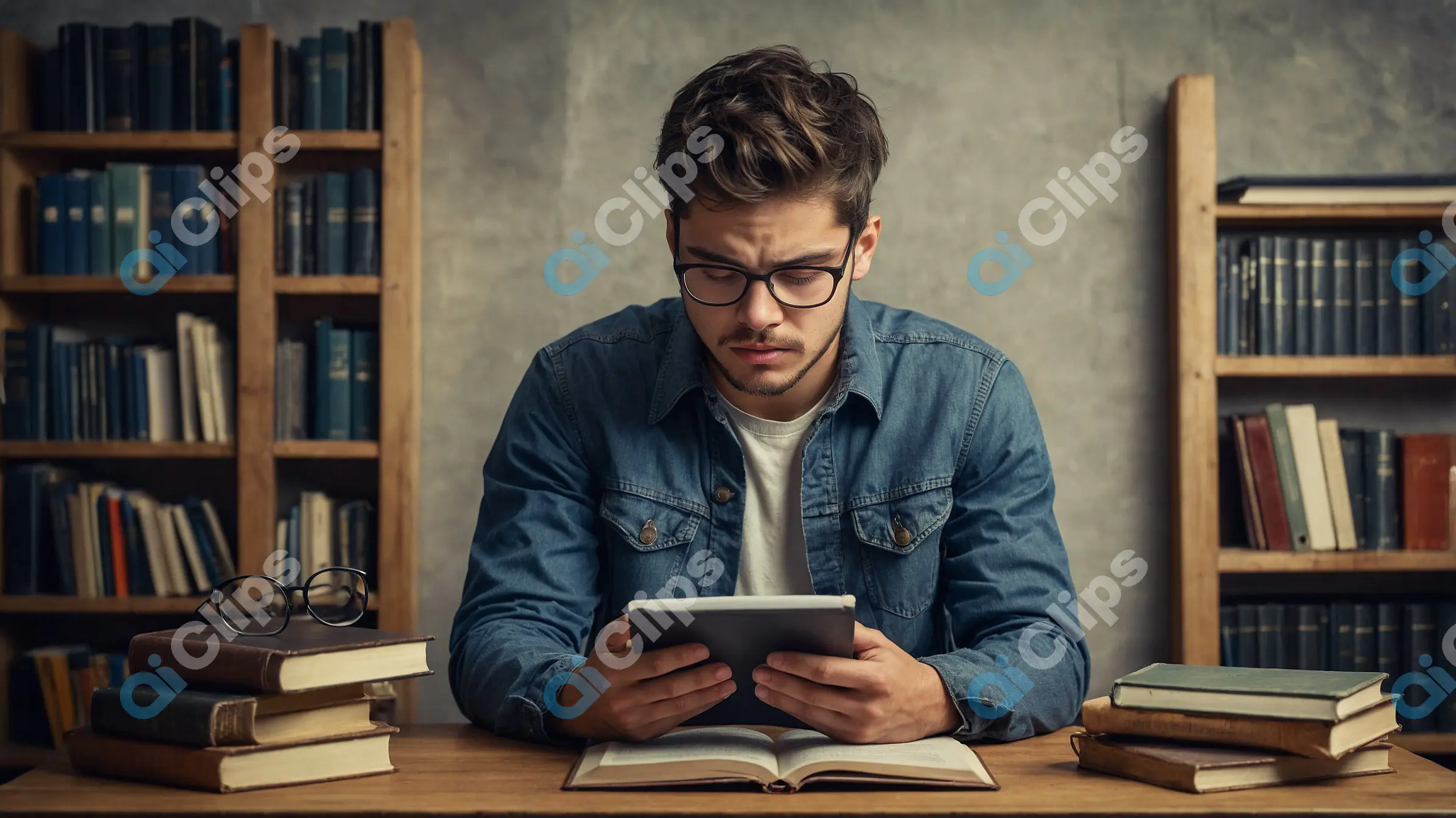 Focused Student with Tablet in Library