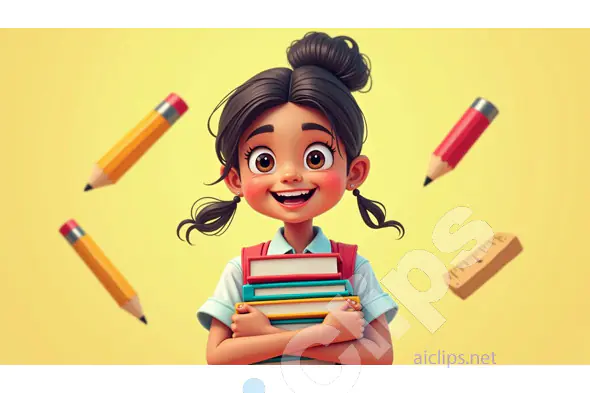 Excited Schoolgirl with Books - Cheerful Educational Illustration