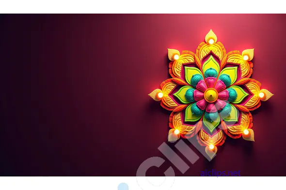 Vibrant Diwali Rangoli with Diyas on Maroon Background