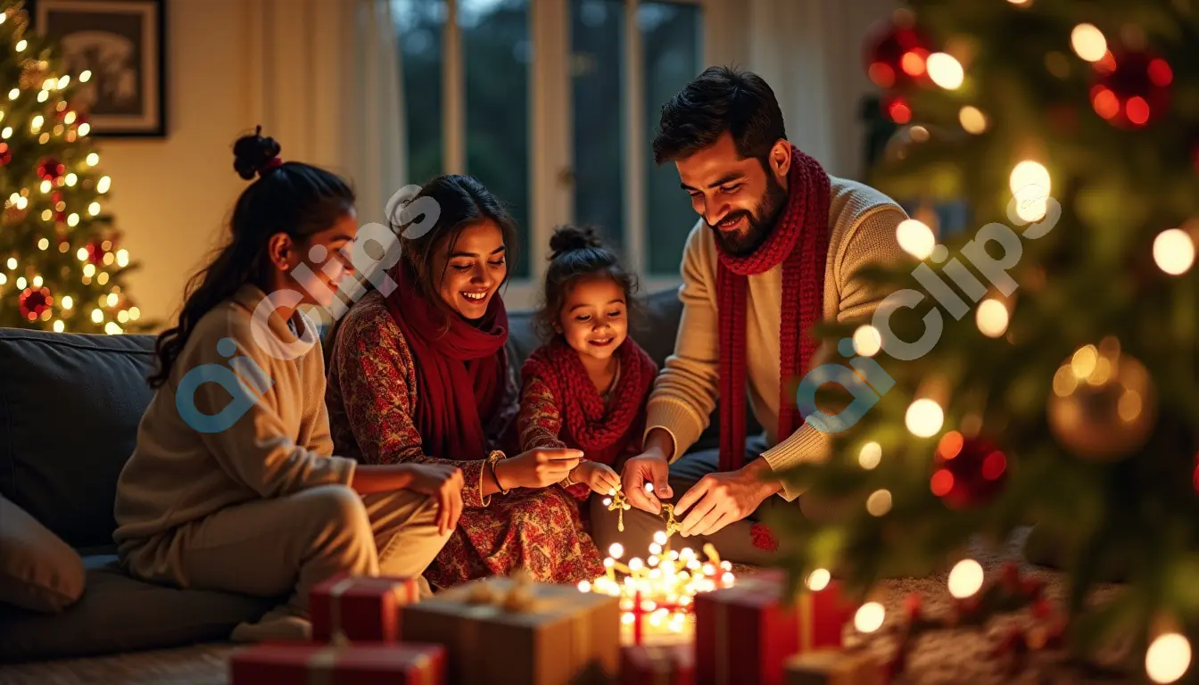 Warm Family Christmas Celebration by the Christmas Tree