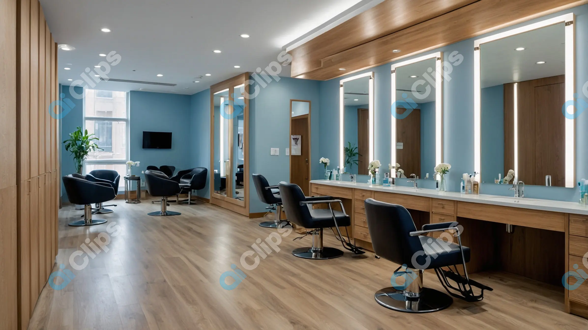 Elegant Hair Salon Interior with Styling and Waiting Area