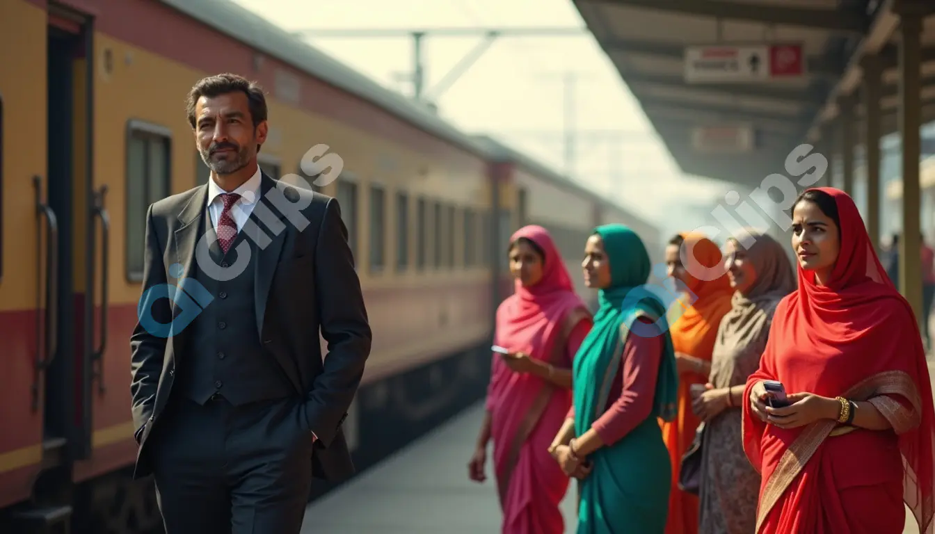 Businessman at Indian Railway Station with Women in Traditional Attire