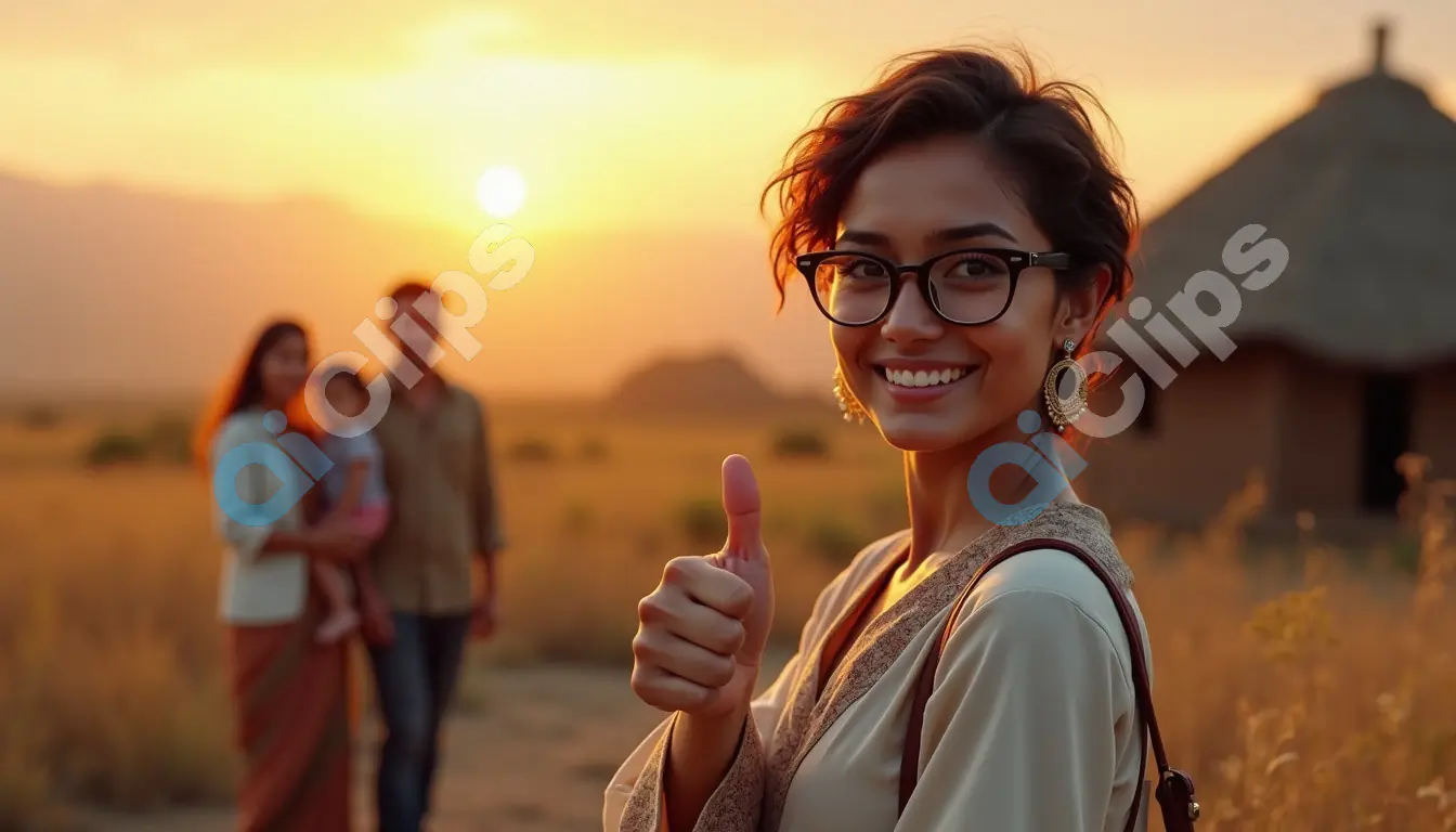 Young Woman in Indian Village at Sunset with Family