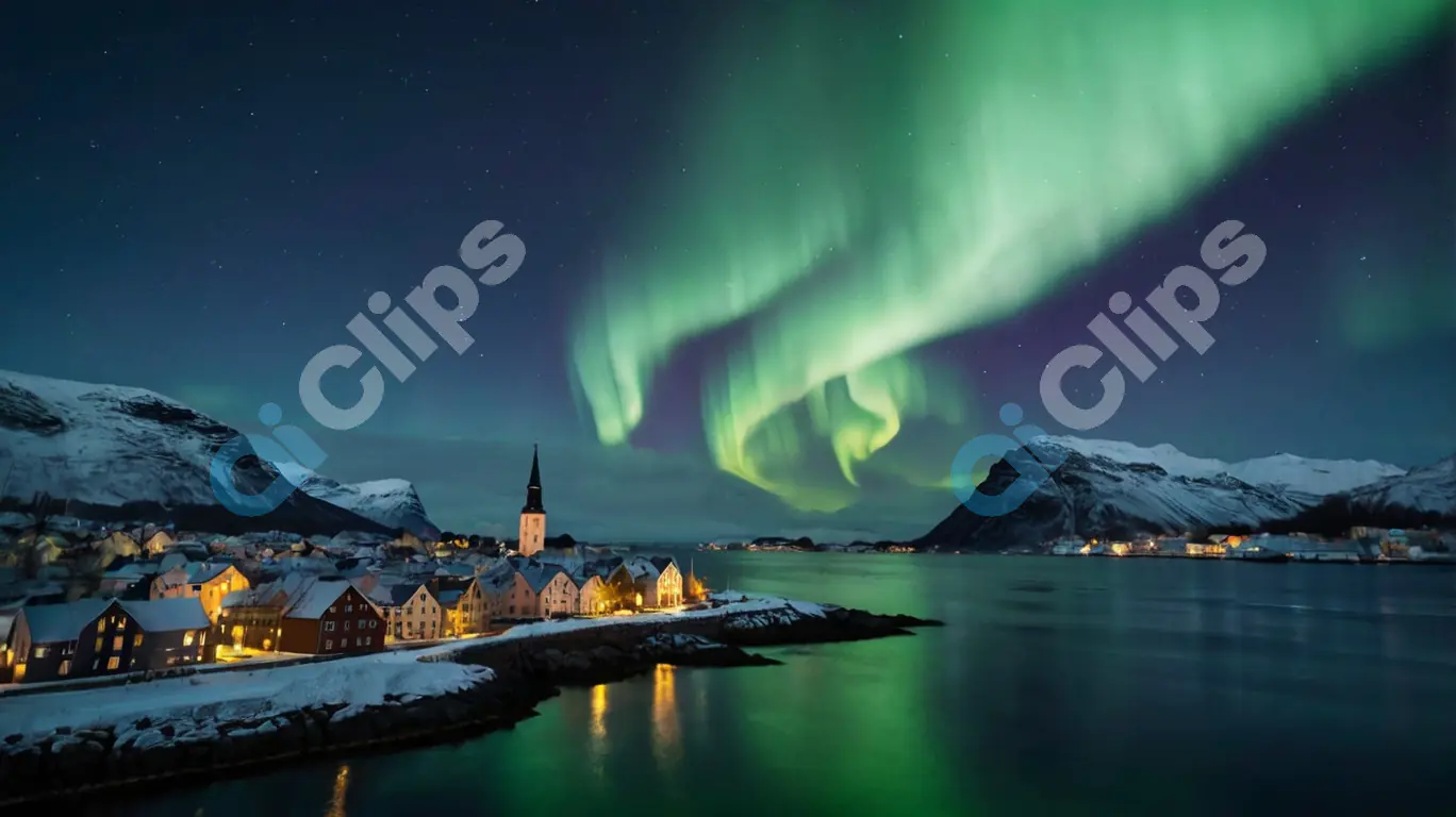 Northern Lights Over Coastal Village