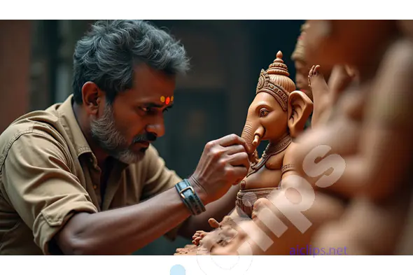 Artisan Detailing a Clay Ganesha Idol in a Workshop