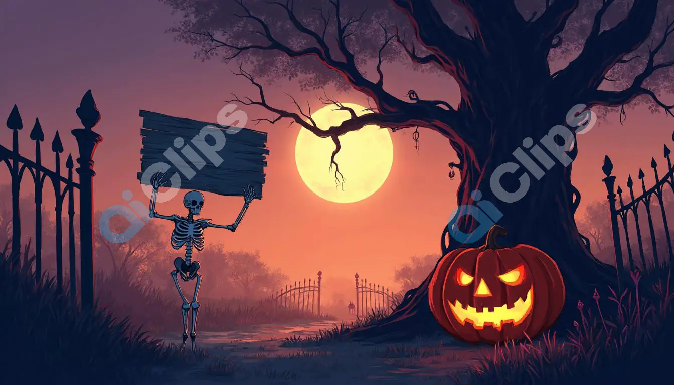 Skeleton Holding Sign with Pumpkin under Full Moon
