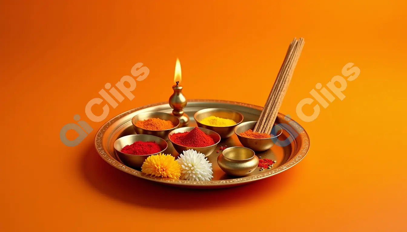 Traditional Indian Puja Thali with Incense Sticks and Powders - Bright Orange Background