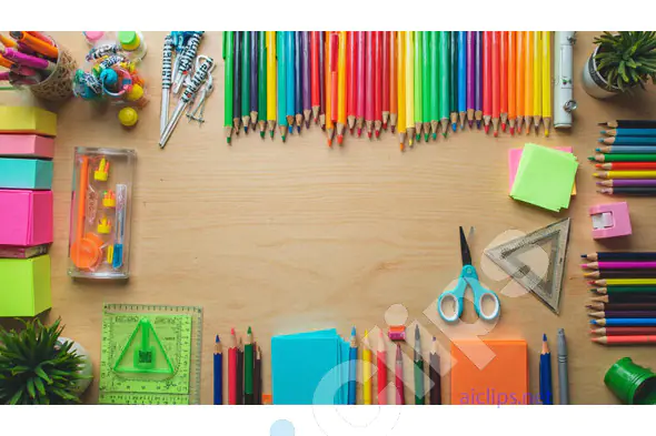 Colorful Stationery and School Supplies on Wooden Desk