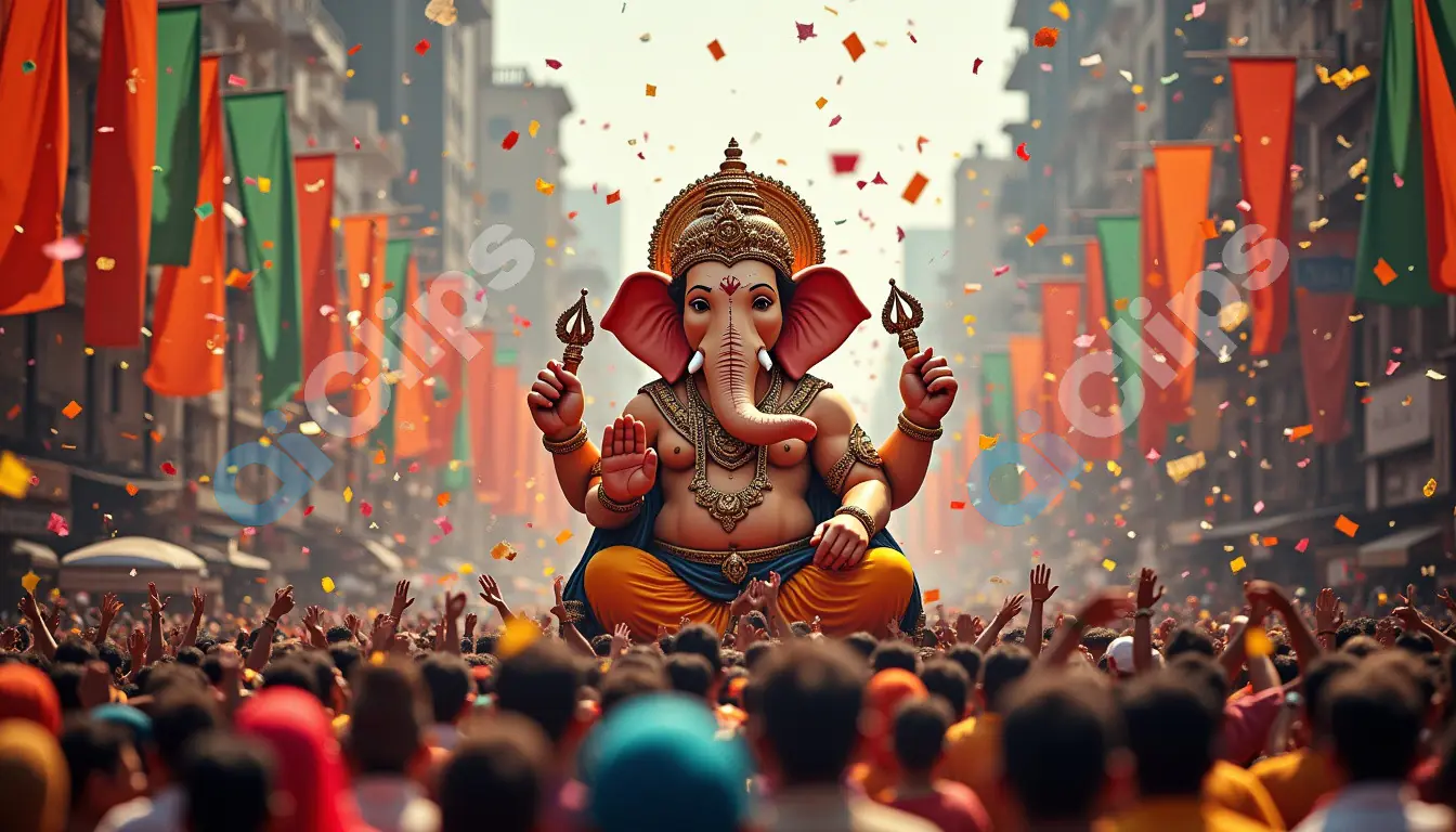 Majestic Ganesh Idol in Vibrant Chaturthi Procession