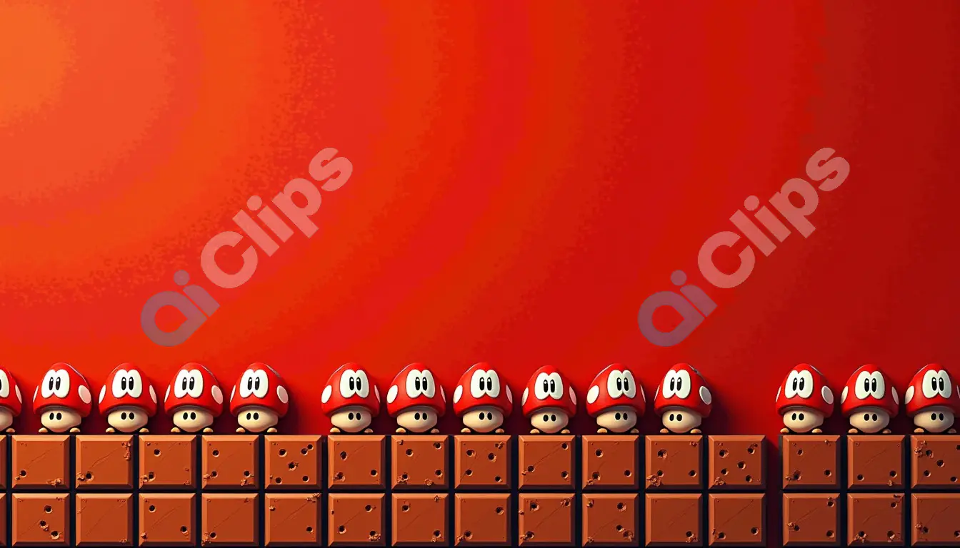 Red Mushroom Characters on Pixelated Brick Platform Background