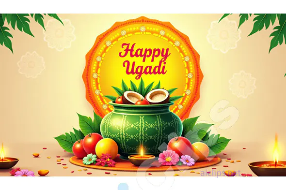 Ugadi Festival Greetings with Traditional Kalash and Fruits