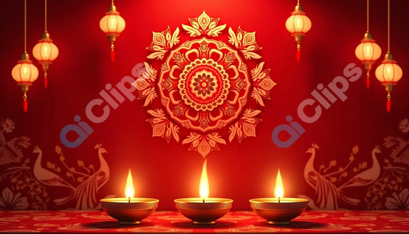 Red Diwali Rangoli with Lanterns and Diyas