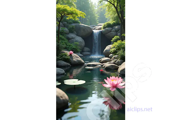 Tranquil Zen Garden with Lotus Flowers and Waterfall