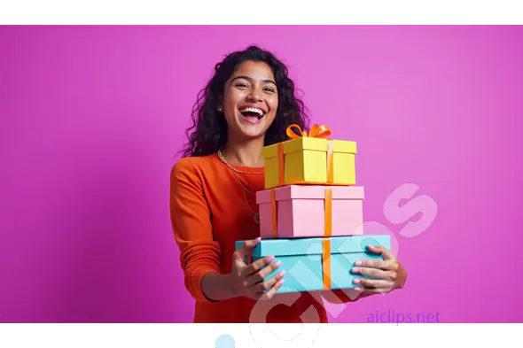 Happy Woman Holding Gift Boxes Against Pink Background