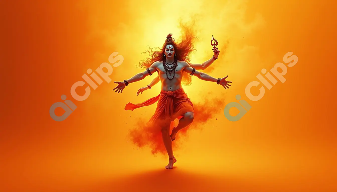 Dynamic 3D Lord Shiva in Tandava Pose on Fiery Orange Background