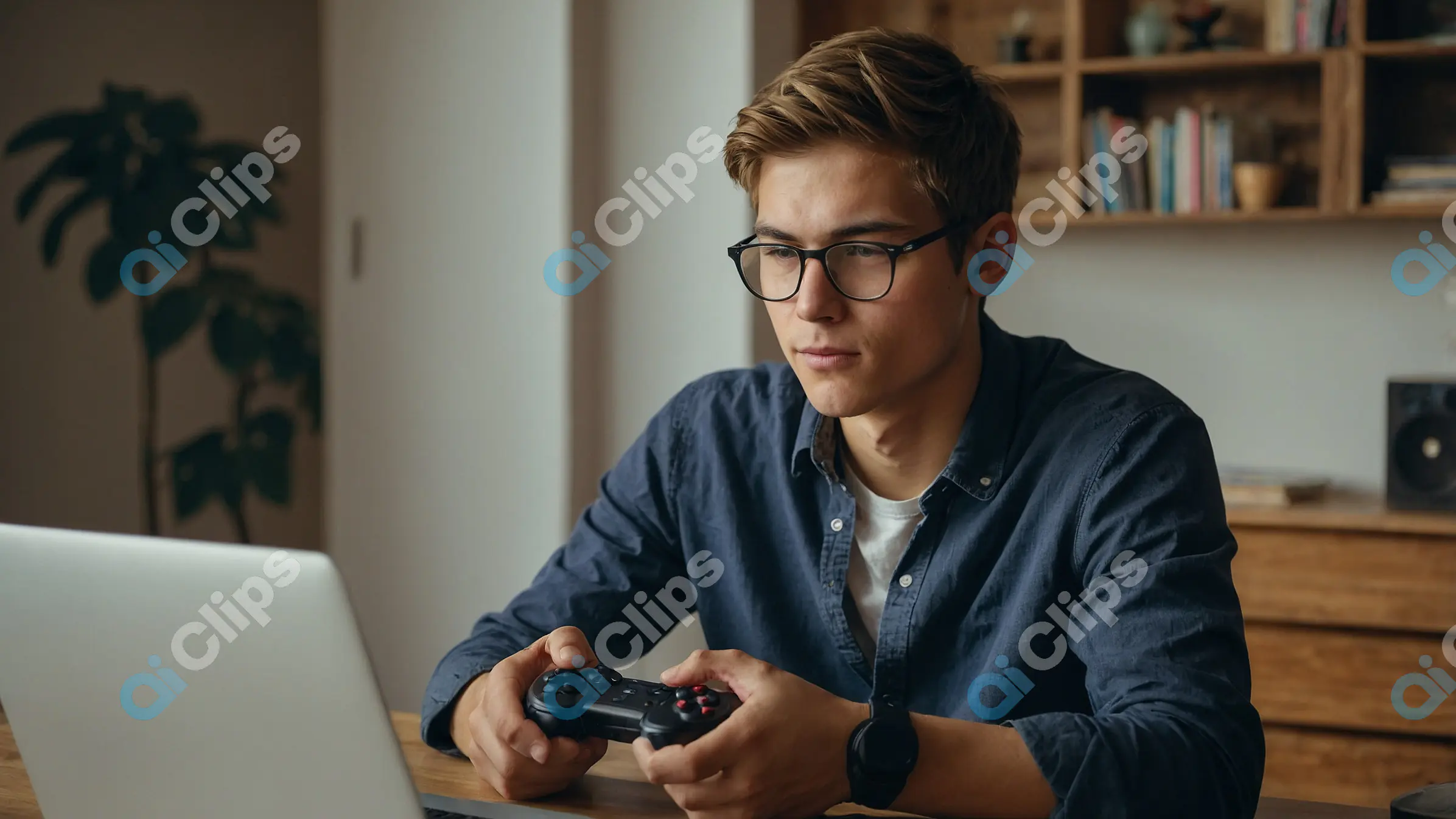 Focused Young Man Playing Video Games at Home