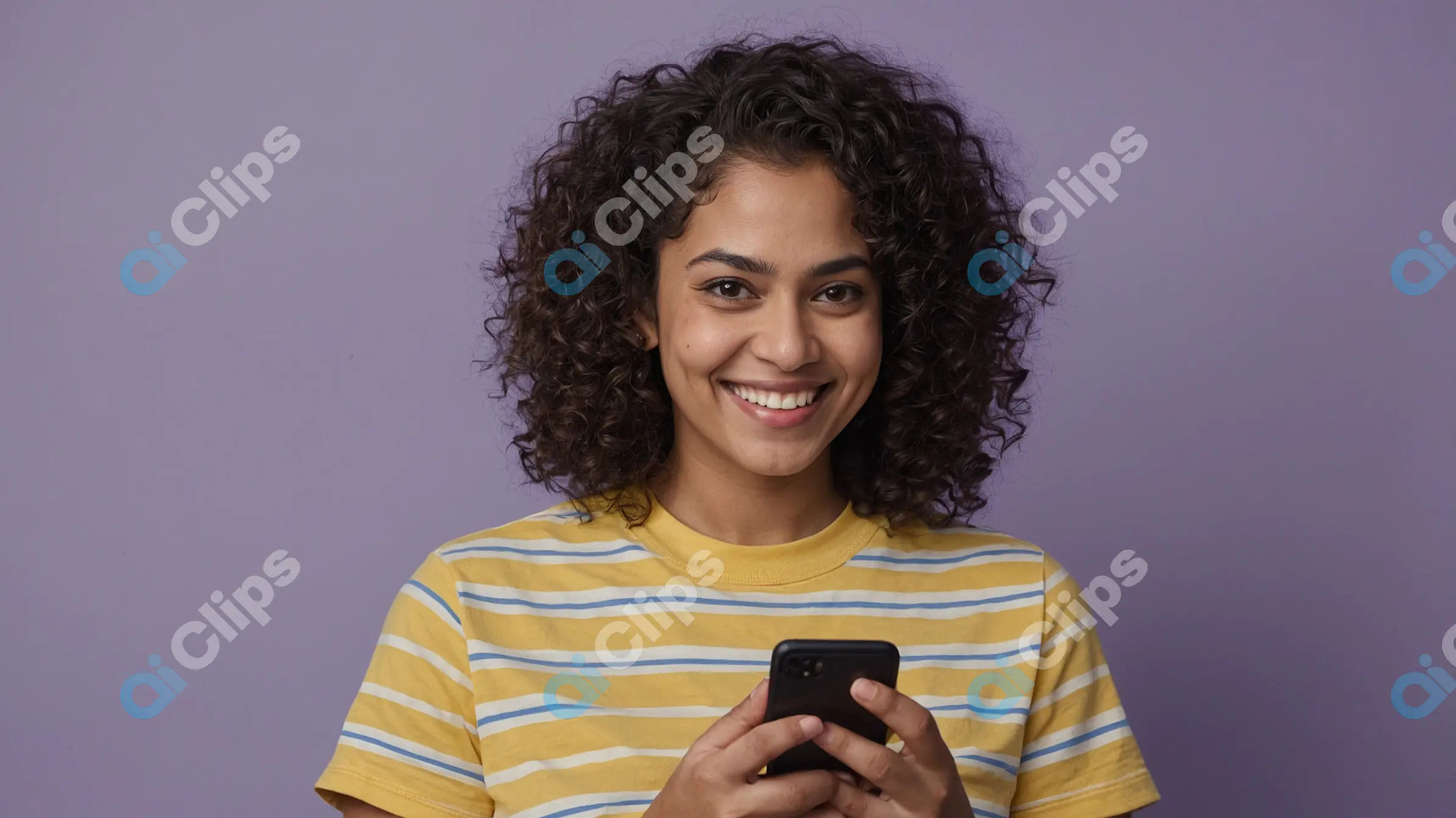 Smiling Woman with Curly Hair Using Smartphone in Yellow Striped Shirt