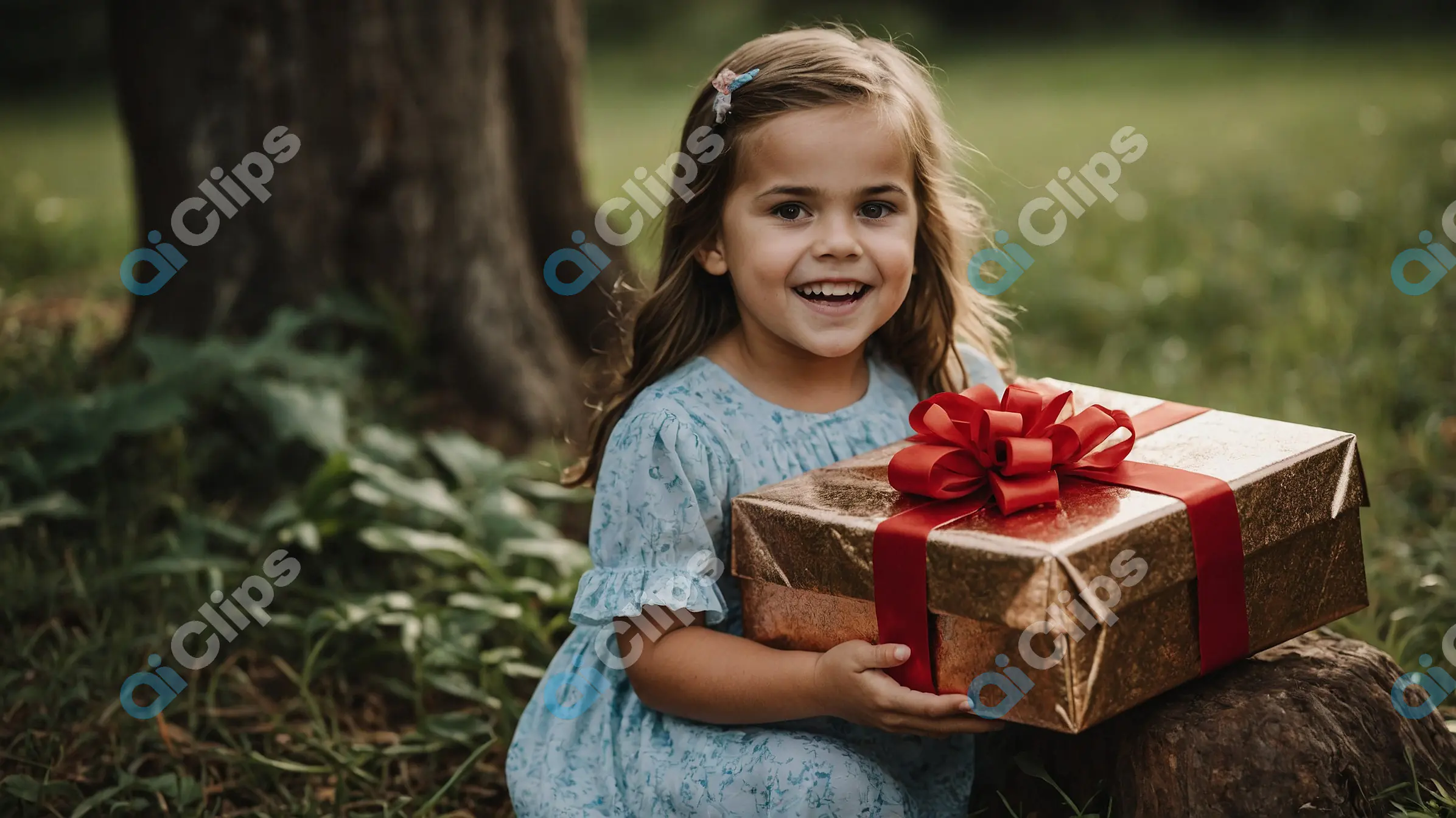 Smiling Girl Holding Gift Box Outdoors