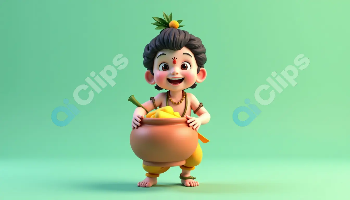 Happy Baby Deity with Pot on Green Background
