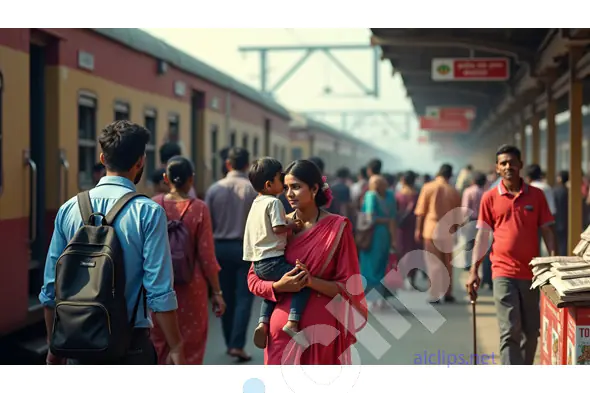 Mother with Child at Busy Indian Train Station