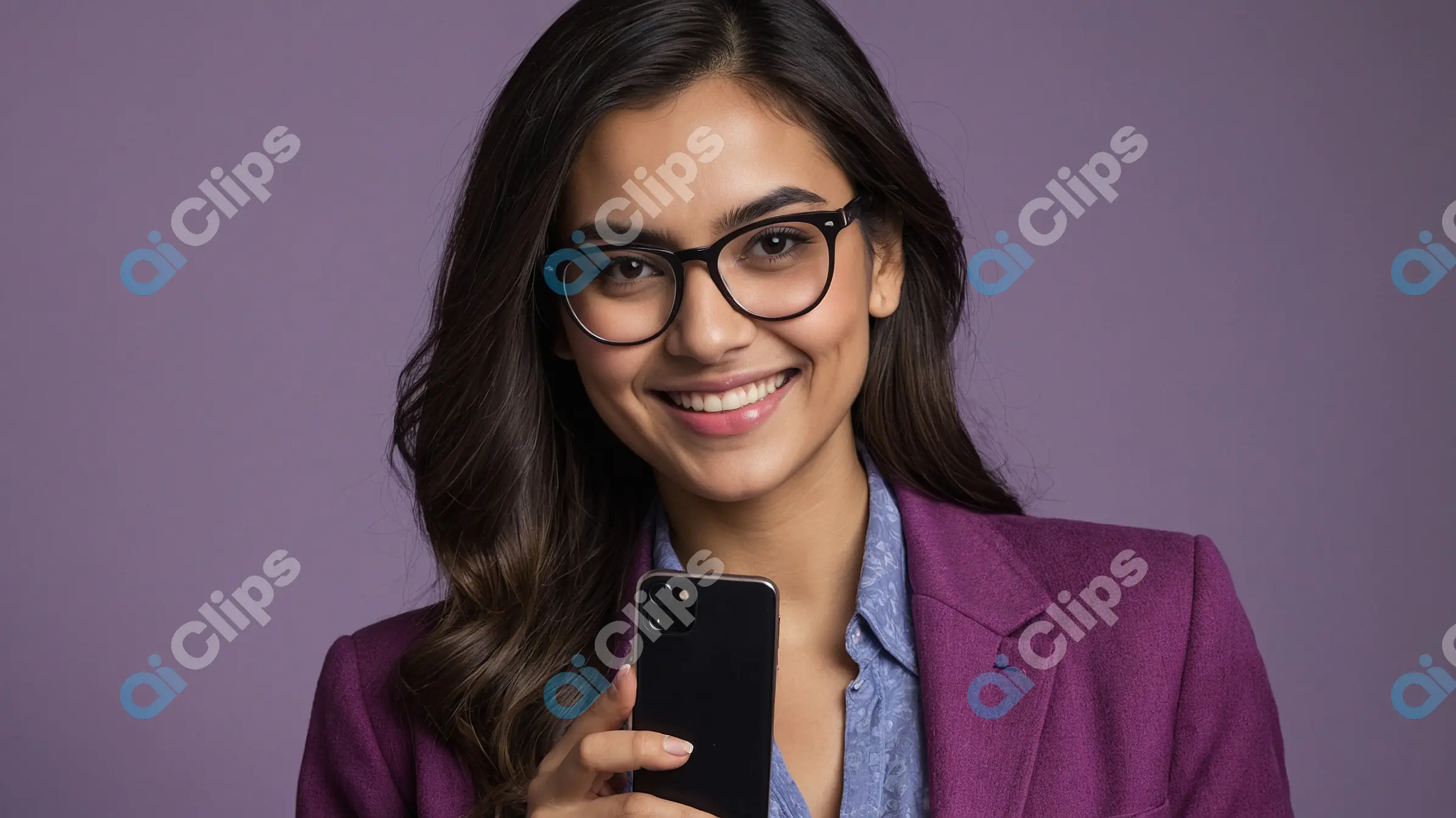 Professional Young Woman in Purple Blazer Holding Smartphone