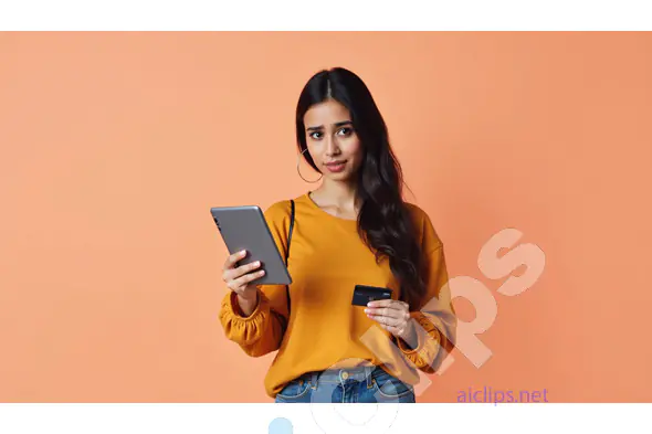 Concerned Woman Holding Credit Card and Tablet on Peach Background