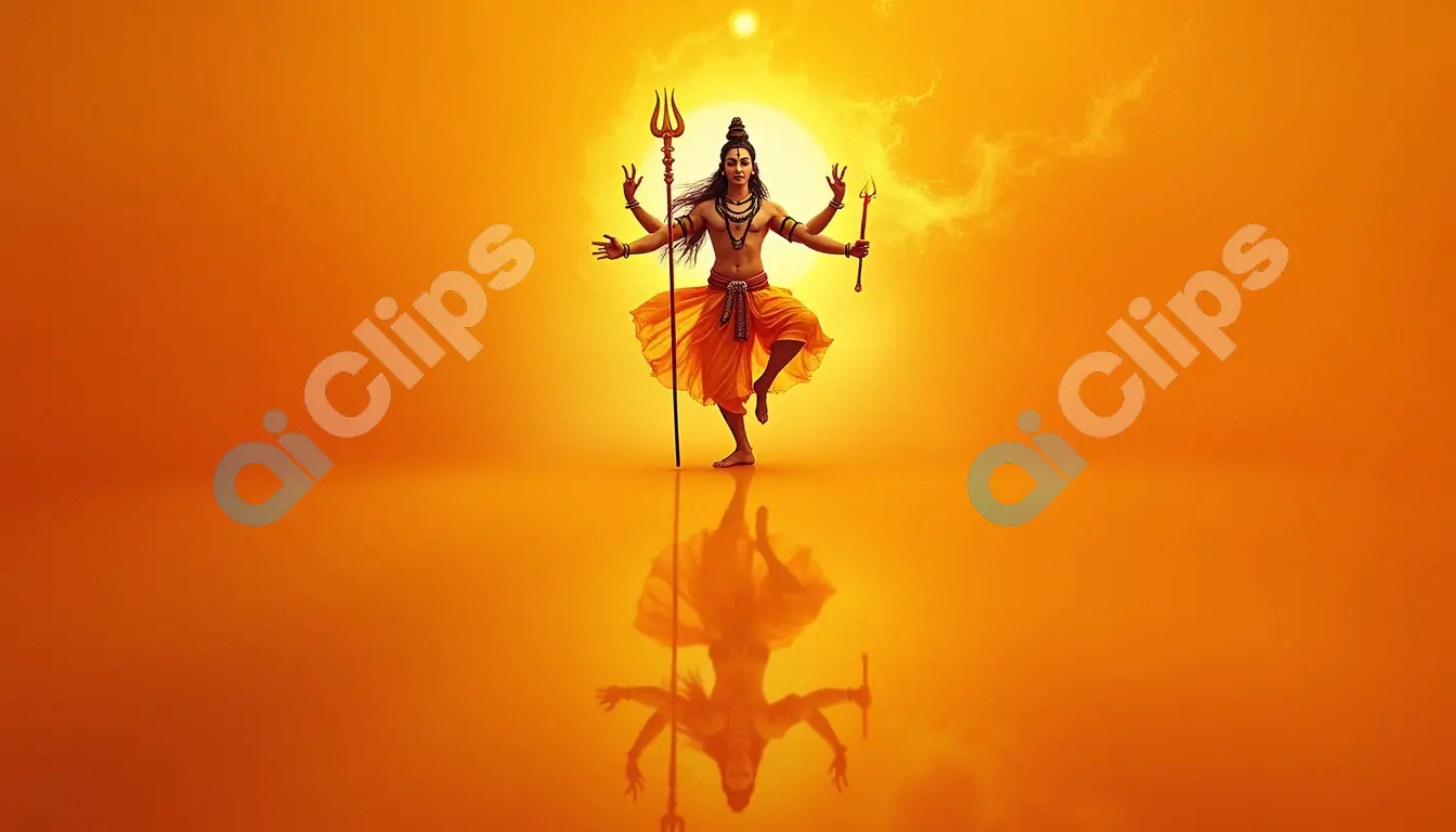 Majestic 3D Lord Shiva in Tandava Dance with Reflection on Fiery Orange Background