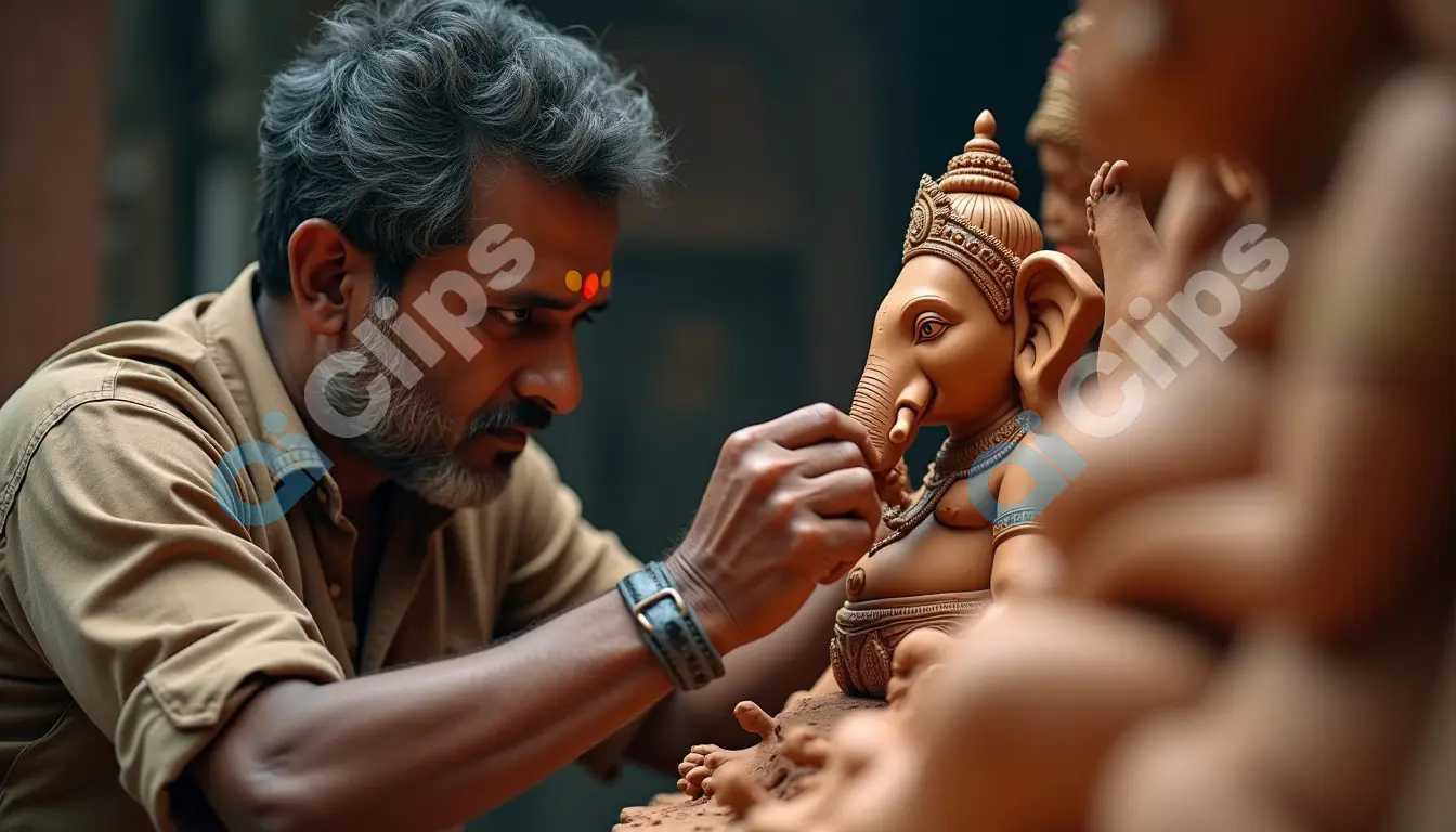 Artisan Detailing a Clay Ganesha Idol in a Workshop