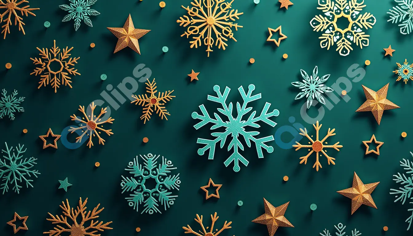 Festive Teal and Gold Snowflakes with Stars Background