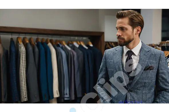 Stylish Man in Blue Suit Shopping for Formal Wear