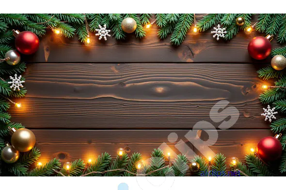 Christmas Frame with Festive Ornaments and Wooden Background