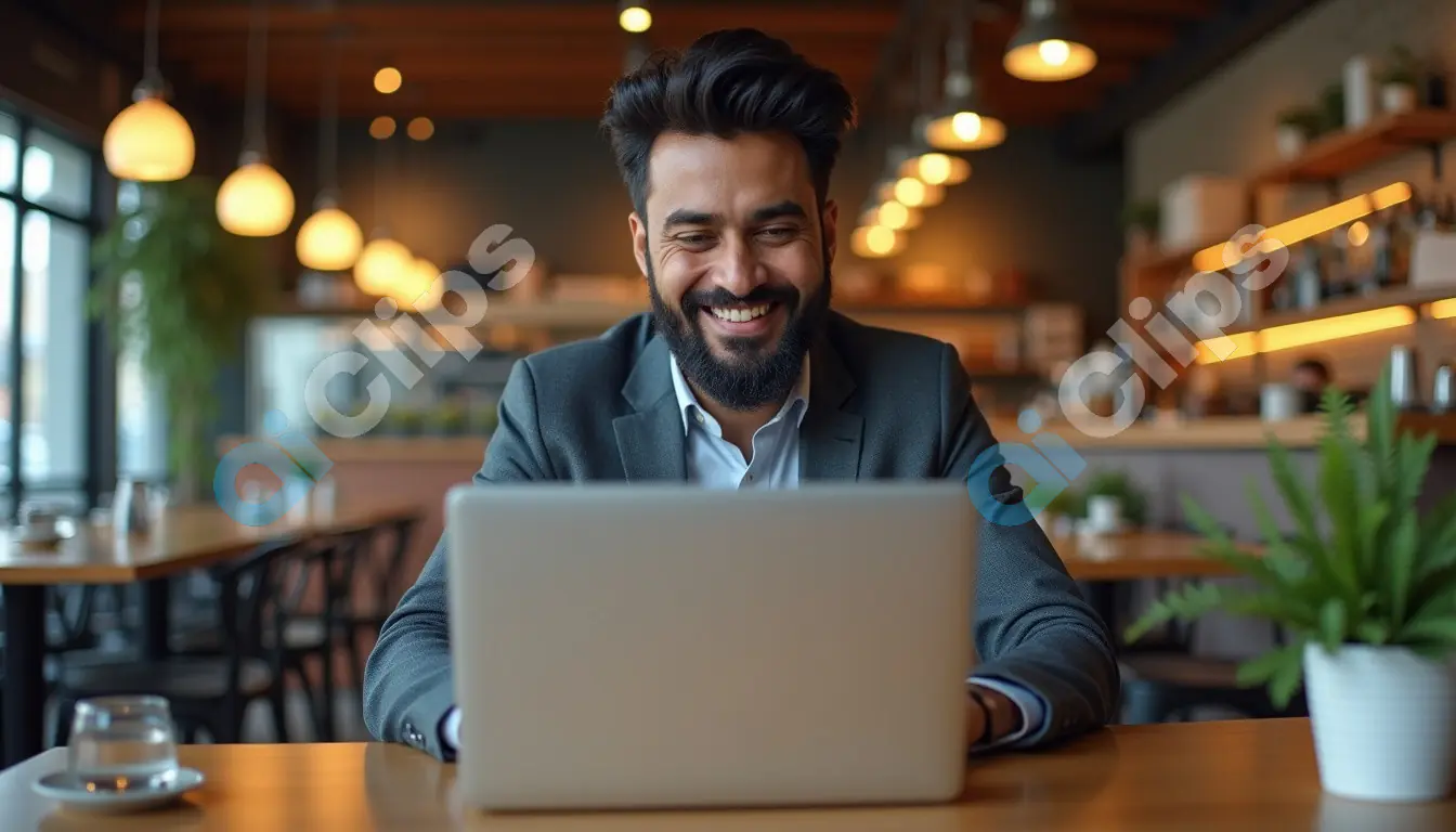 Indian Businessman Working on Laptop in Modern Café - Professional Workspace